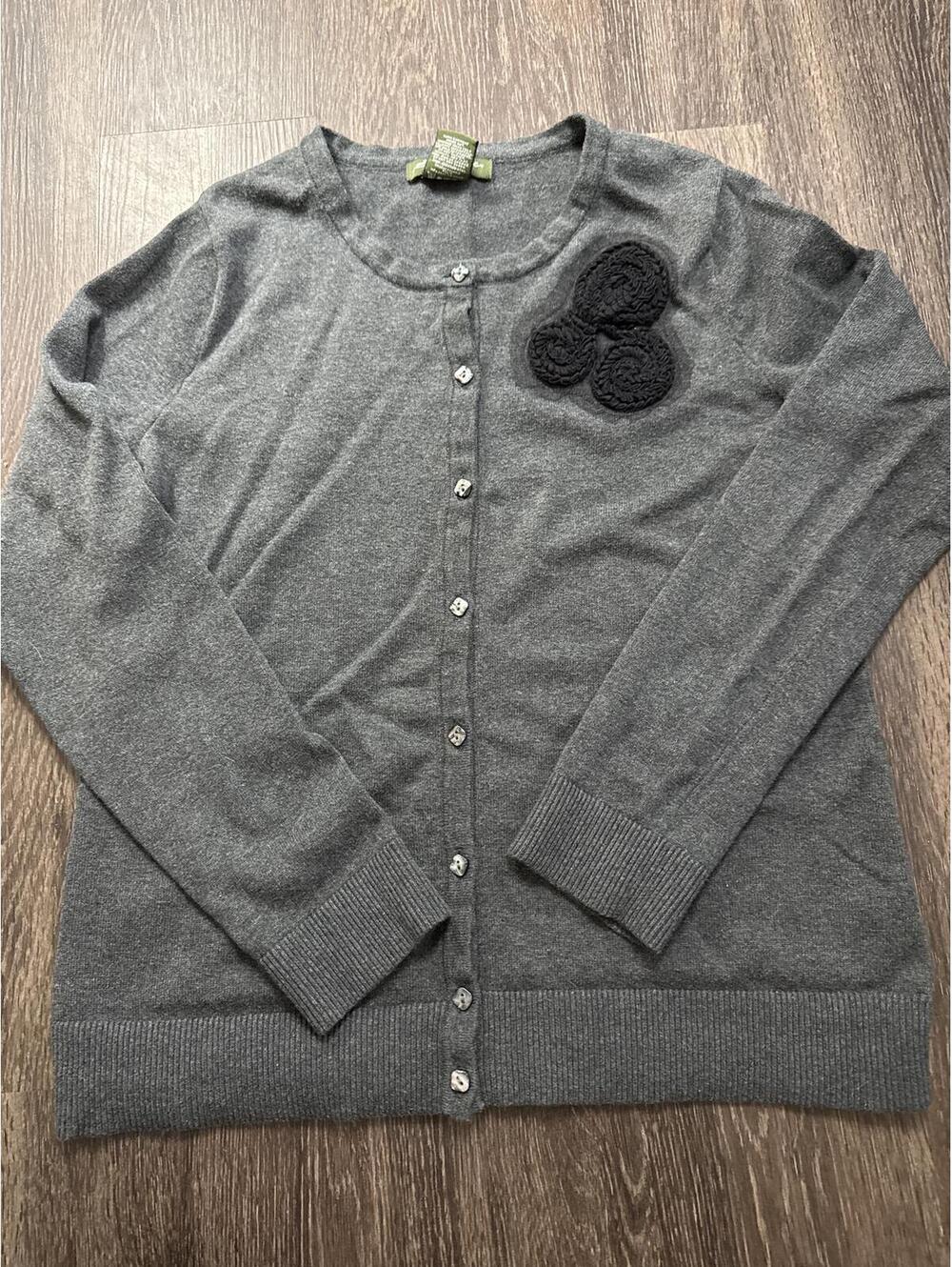 Eddie Bauer Gray Cotton Button-Front Cardigan Sweater with Floral Appliqué, Size